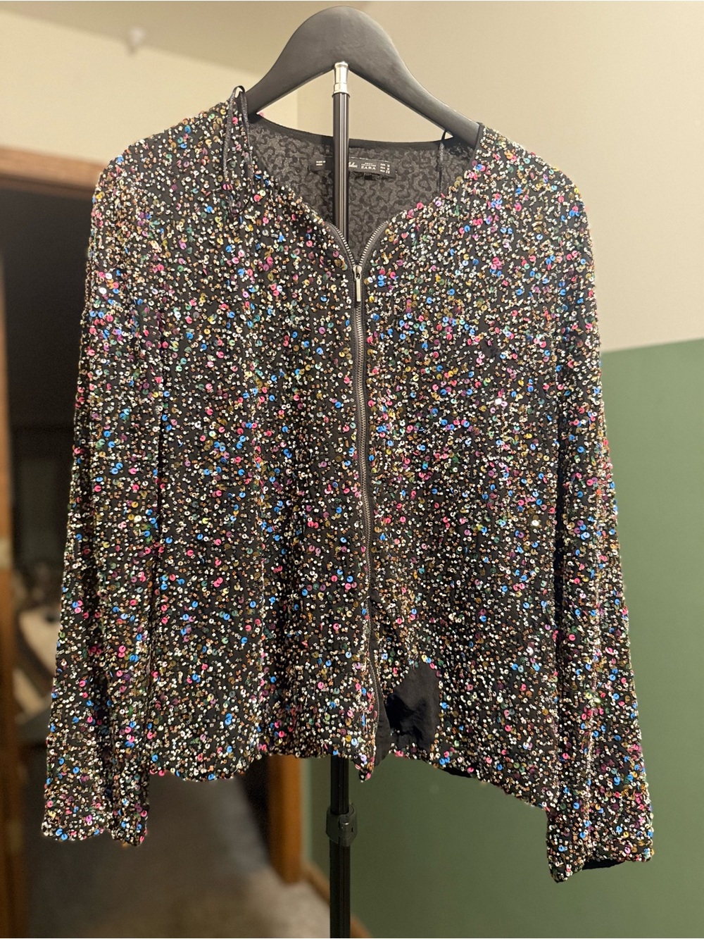 Zara Statement Multi Color Sequin Zip-Front Jacket Medium